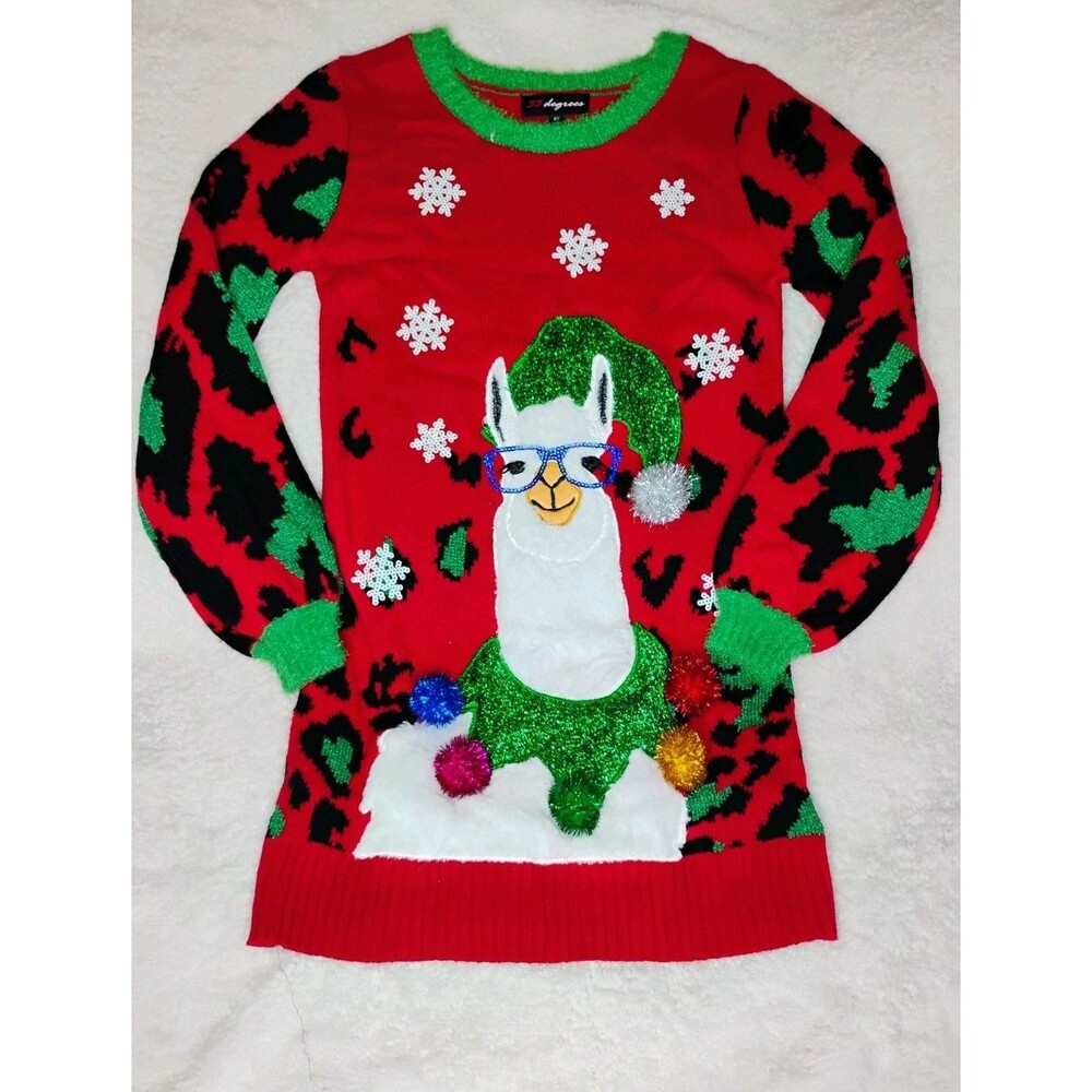 33 Degrees Women's Ugly Christmas Llama Sweate Long Red/Green XS